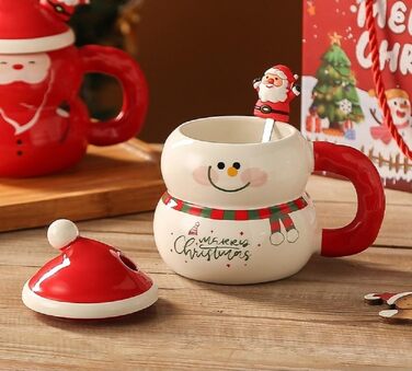 Різдвяний кухоль 400 мл з кришкою та ложкою, Сніговик в червоній шапці VollfitYYu