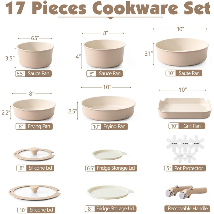 Набір кухонного посуду, 17 предметів, бежевий Sensarte
