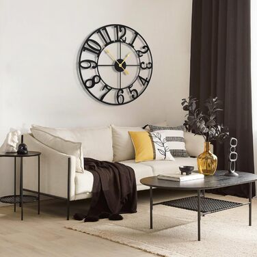 Великий круглий металевий настінний годинник у вінтажному стилі з безшумним нецокаючим годинником на батарейках 40 см, 16-дюймові римські цифри, годинники для вітальні, спальні, кухні, настінний годинник-прикраса (чорні арабські цифри, 80 см)