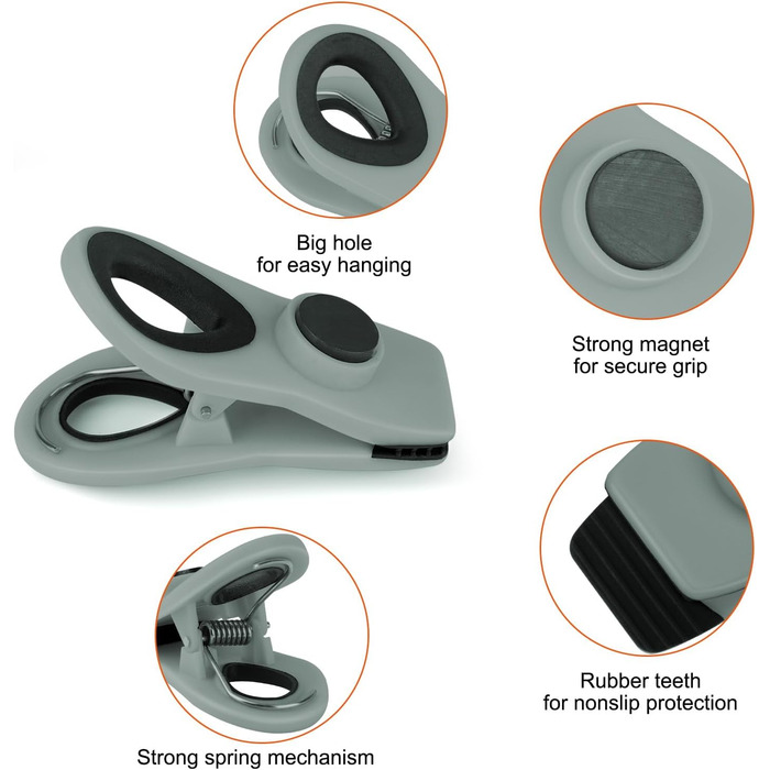 Набір прищіпок-затискачів із магнітом, сірого кольору 12 шт TACGEA