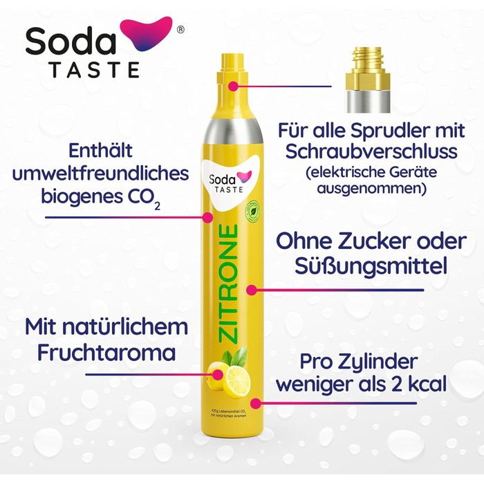 Набір із 2 змінних CO2-балонів SodaTASTE (змінний) для газованок, з натуральним м&39ятним смаком, без сиропу, для приготування до 120 л ароматизованої газованої води, без цукру (УВАГА потрібні 2 порожні балони) (лимон)