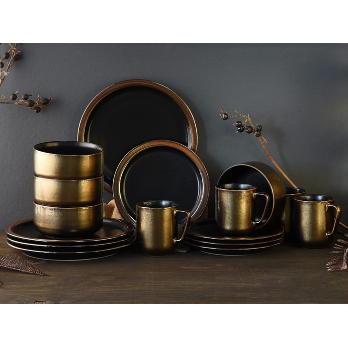 Набір посуду на 4 персони, 16 предметів, чорний/золотистий Modern Industrial Creatable
