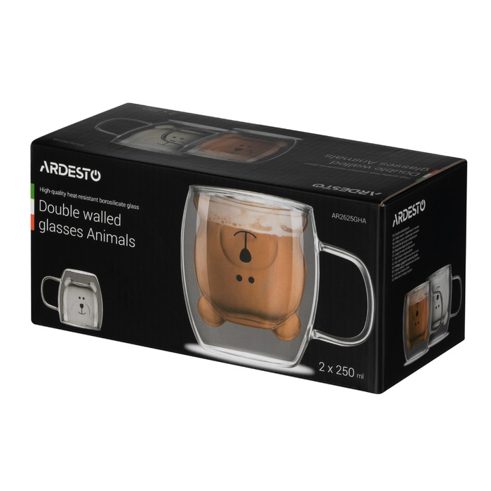 ARDESTO Animals Набор чашек с двойными стенками 250мл, 2шт, боросиликатное стекло