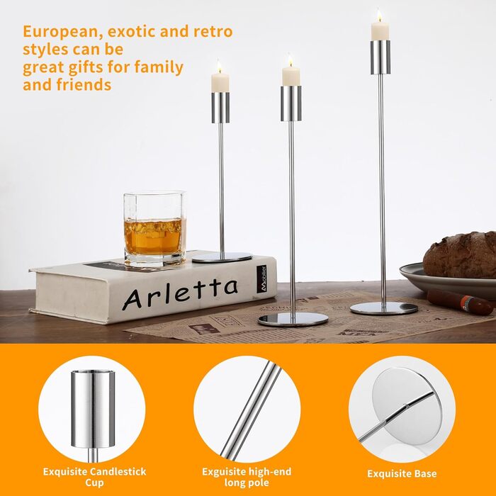 Набір із 6 свічників, канделябри-свічки 33/28/23 см, високі свічники, декоративні вінтажні металеві свічники для святкування днів народження, річниць, весіль, декору дому (чорний) Чорний 6 шт. (срібний 6 шт. )