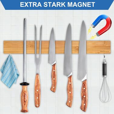 Тримач ножа магнітний з 2 гачками, 40 см дерев'яний з надсильним магнітом (бамбук) Rekehome