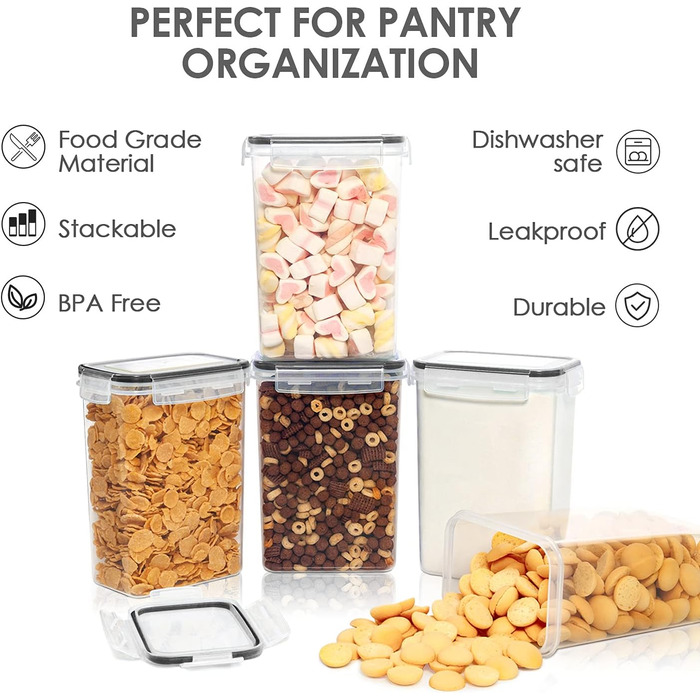 Набір банок для зберігання Vtopmart 0.8 л, банки для мюслі та банки для зберігання харчових продуктів, пластик без бісфенолу А, герметичний, контейнер для сухого корму, набір із 12, 24 етикетки для зерна, борошна, цукру (чорний) (2 л*9)