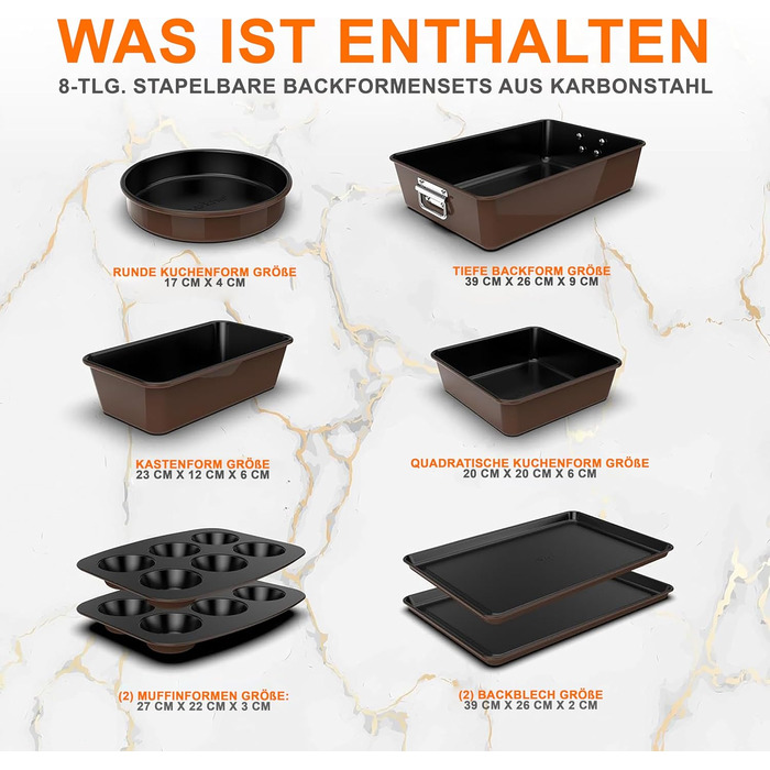Набір форм для випічки NutriChef - Набір із 8 антипригарних форм для випічки - Без PFOA, PFOS, PTFE, придатний для використання в духовці до 232C - Кругла форма для випічки, форма для хліба, форма для мафінів та форма для дека, придатна для миття в посудо