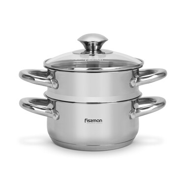 Кастрюля Fissman GULLIVER 14x7 см 1,1л со вставкой-пароваркой 14x6,5см и стеклянной крышкой нержавеющая сталь (5428)