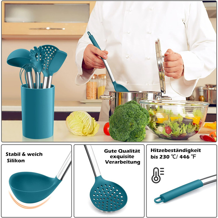 Набор кухонных гаджетов Herogo, 9 предметов силиконовой кухонной утвари, набор кухонных столовых приборов с держателем для посуды, набор шпателей для кухонной утвари с ручкой из нержавеющей стали, термостойкий и антипригарный (синий)