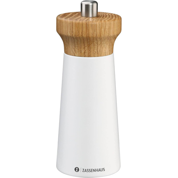 Соляний млин Зассенхаус Вуд ВЕСТЕРЛАНД біла/букова деревина Головка млина з деревини дуба з плавним регулюванням високопродуктивної керамічної шліфувальної машини Млин для спецій для солі 14 см, Ø 5,4 см Білий/Дуб