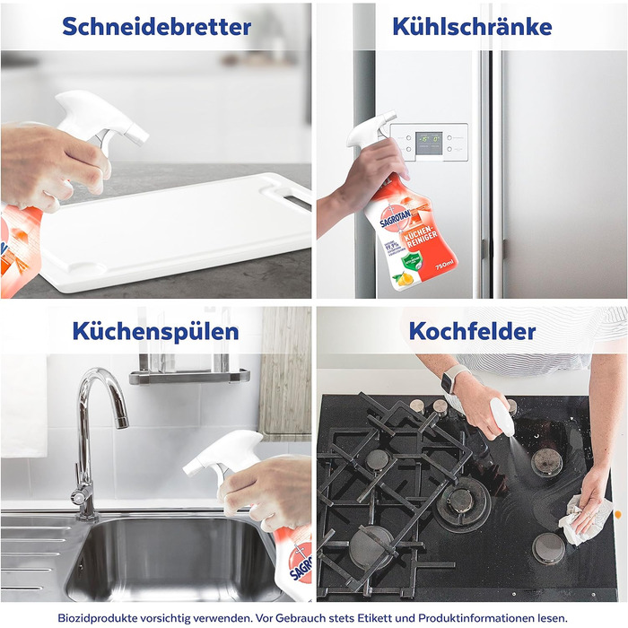 Універсальний засіб для чищення кухні Sagrotan Tangy Lemon дезінфікуючий засіб 2-в-1 для надійного очищення кухонних поверхонь 4 пляшки з розпилювачем по 750 мл (750 мл (6 пляшок))