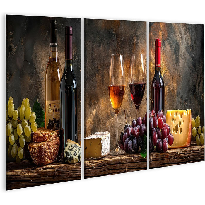 Друк на полотні Сільський натюрморт з пляшками вина, келихами, виноградом, сиром, хлібом на дерев&39яному столі Картини Настінний художній постер (полотно 130x80 см - 3 частини)