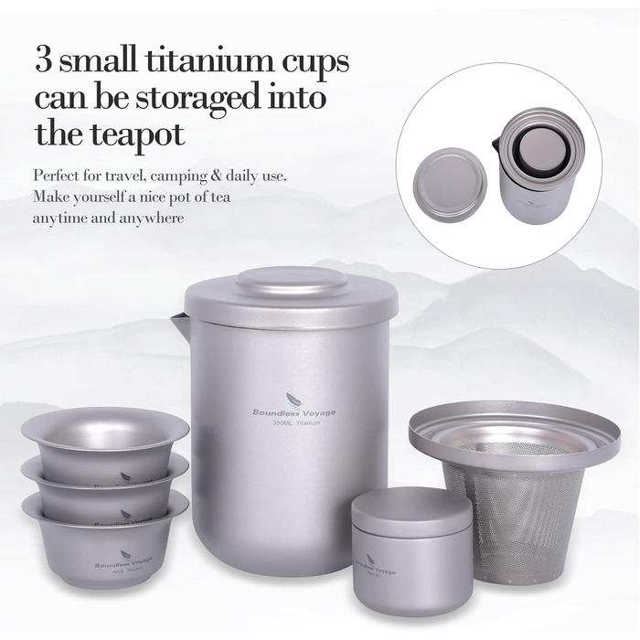 Титановий чайний набір, чайниця з ситечком для чаю та 3 міні-чашки 40 мл iBasingo