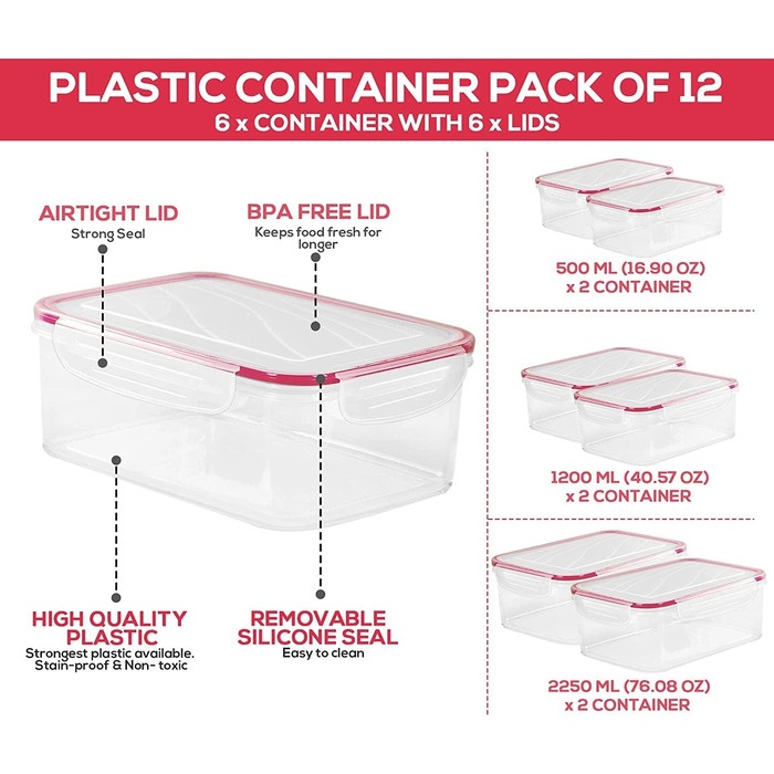 Банки для зберігання з кришками (9 контейнерів, 9 кришок) Контейнери для зберігання продуктів для кухні, кухонний органайзер без бісфенолу А (12 упаковок, червоний), 18