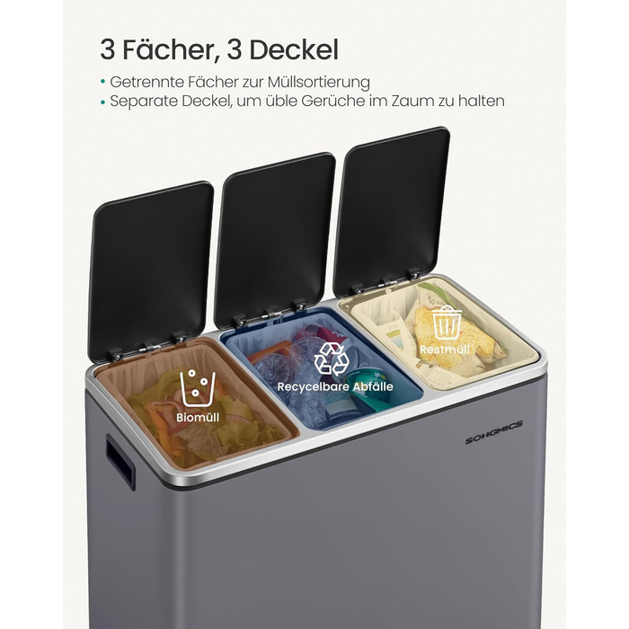 Кухонний кошик для сміття SONGMICS, 3 x 18 л, система розділення сміття з 3 відділеннями, включаючи 15 мішків для сміття, відро для сміття, відро для сміття з педаллю, для вторинної переробки, органічні відходи, з кришкою, LTB54BK (матово-сірий)