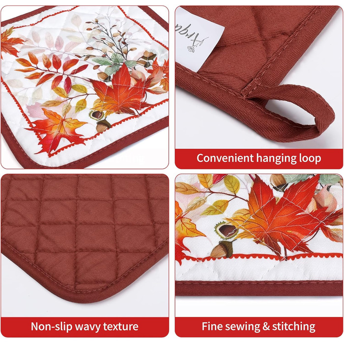 Набір з 2 кухонних рукавичок Arquiel з тримачем для каструлі Gnome Autumn Orange Checked, 100 бавовняні кулінарні рукавички, термостійкі кухонні рукавички для приготування їжі, осінній декор, подарунки для жінок (осіннє кленове листя, духовка тримач для к