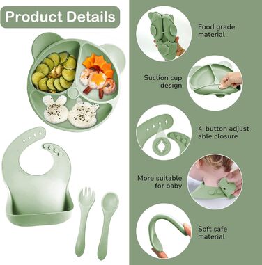 Силіконовий набір дитячого столового посуду Bizcasa з 9 предметів, нековзкий набір дитячого столового посуду, дитячий столовий посуд із присоскою, нековзна дитяча миска, дитяча тарілка, дитячий набір столових приборів для малюків, без BPA (темно-зелений)