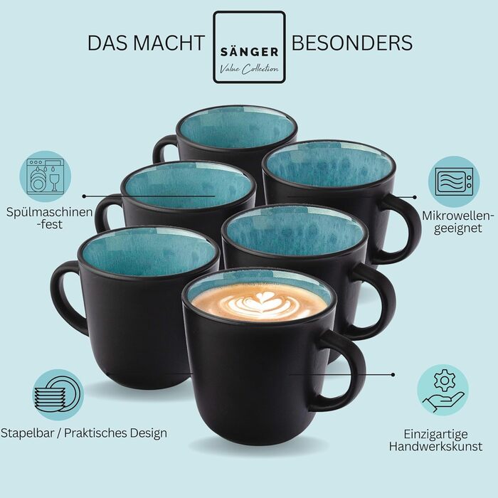 Кам&39яні миски для пасти 6 предметів, набір мисок для пасти на 6 осіб, набір мисок можна мити в посудомийній машині та мікрохвильовій печі, велика багатофункціональна миска темно-сірого кольору 750 мл VALUE COLLECTION (Granada, кавова кружка 6 предметів)