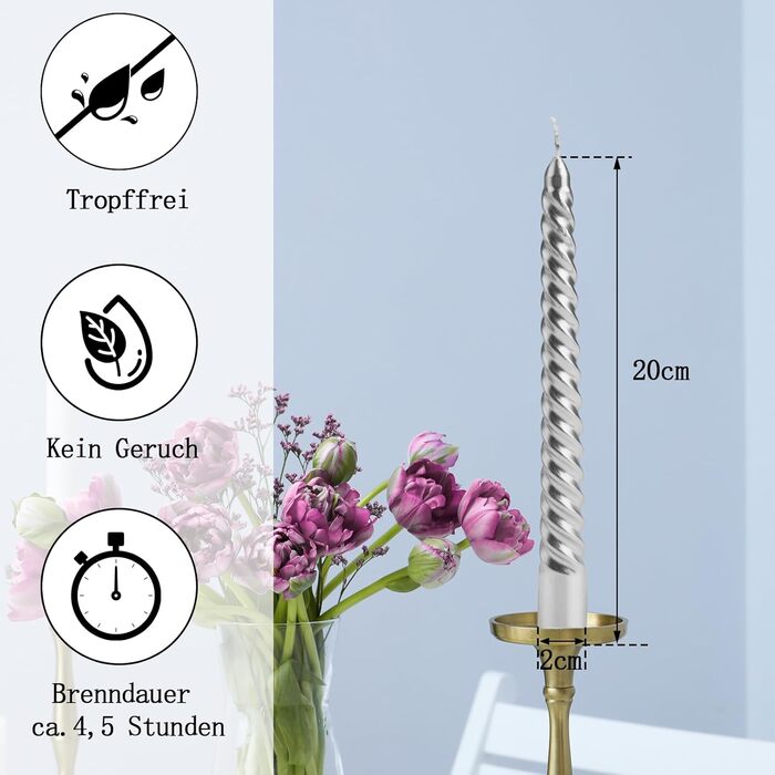 Набір з 4 конічних спіральних свічок 2 x 20 см, сріблястий Bolosa