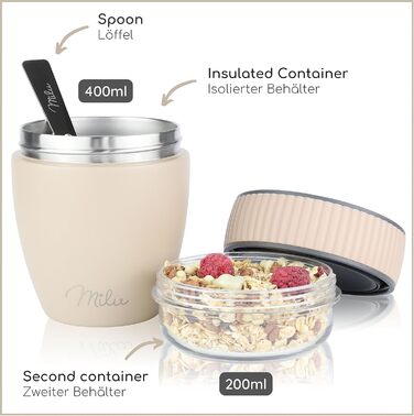 Стаканчик для пластівців Milu на винос 400 мл з назвою MsliMax для йогурту герметичний стаканчик з ложкою (бежевий, нержавіюча сталь)