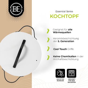 Каструля Be Living Essential з кришкою Ø 28 см з кришкою, антипригарна кераміка, індукційна, без PTFE та PFOA, (7 літрів, біла)