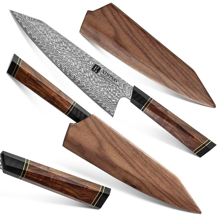 Кухарський ніж з дамаської сталі 21,5 см з магнітним чохлом та дерев'яним футляром XINZUO