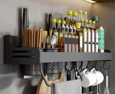 Підвісна підставка для спецій з металу, міцна кухонна полиця, настінна підставка для спецій, органайзер для спецій, кухонний органайзер, підставка для спецій з тримачем для рушників, Daojai, гачки та тримач для столових приборів, сіра, (60 см, чорна)