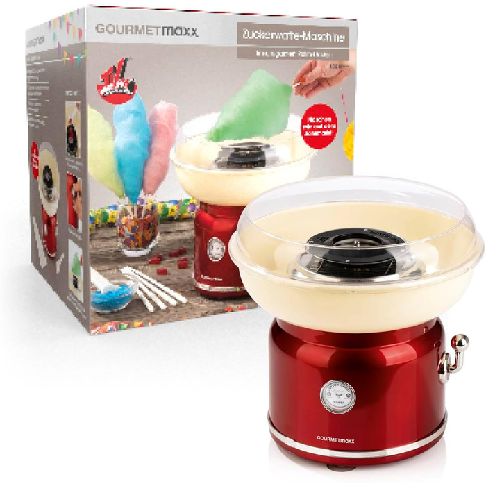 Апарат для виробництва цукрової вати GOURMETmaxx для дому з аксесуарами Ретро-апарат для виробництва цукрової вати Ностальгія з паличками для цукрової вати та мірною ложкою Цукрова вата для дитячих свят Білий (Червоний / Ванільний)