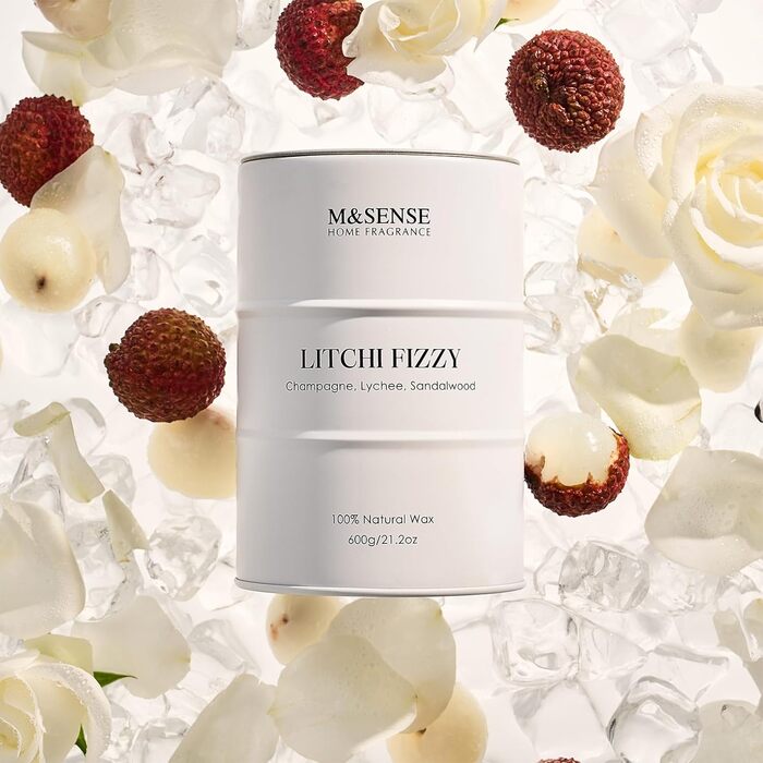 Ароматичні свічки M&SENSE з натурального соєвого воску, натуральна соєва свічка для домашнього декору, тривалий час горіння до 70 годин, класні подарунки для чоловіків та жінок (600 г, лічі, шипучі)