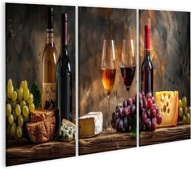 Друк на полотні Сільський натюрморт з пляшками вина, келихами, виноградом, сиром, хлібом на дерев&39яному столі Картини Настінний художній постер (полотно 130x80 см - 3 частини)