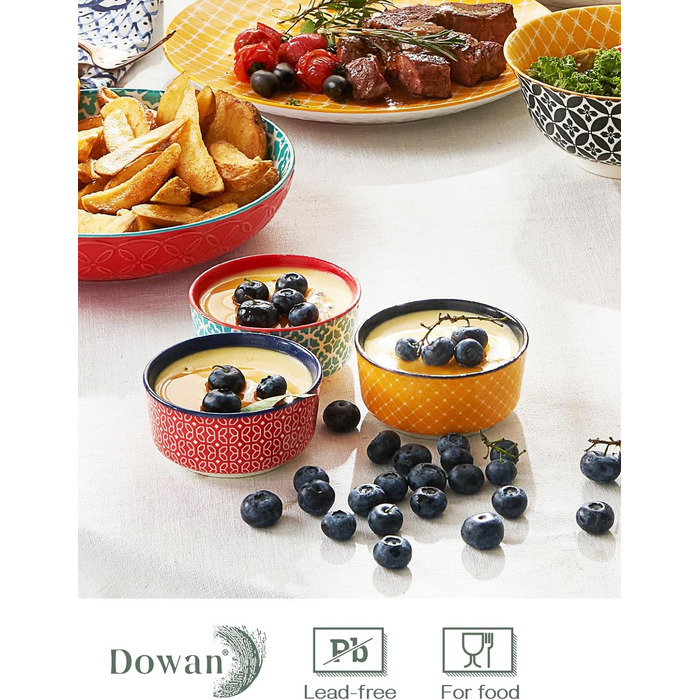 Порцелянові миски DOWAN, набір десертних мисок 176 мл з 6 шт. з кришкою - штабельована миска для соусу, закусок, десерту, тапас, крем-брюле Різнокольорові, придатні для миски в посудомийній машині та мікрохвильовій печі