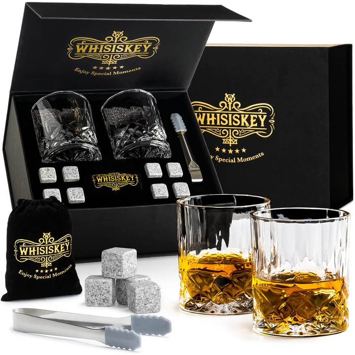 Віскі - Набір келихів для віскі - Набір аксесуарів для віскі - 8 каменів для віскі - Келихи для віскі - Подарунки для чоловіків - Чоловічі подарунки - 2 келихи, щипці та 2 підставки в комплекті. (Подарунковий пакет)