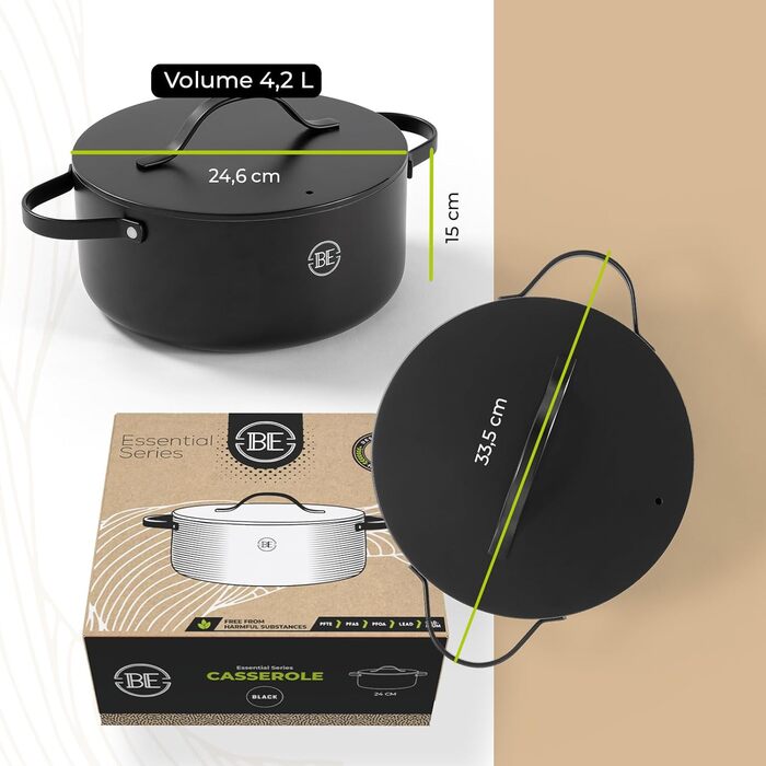 Каструля Be Living Essential з кришкою Ø 28 см з кришкою, антипригарна кераміка, для індукції, без PTFE та PFOA, (4 літри, чорна)