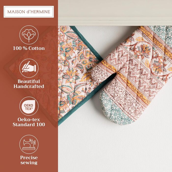 Рукавички для духовки, прихватки для каструль Maison d&39 Hermine, 100 бавовна, термостійкі кухонні рукавички, рукавички для духовки (19 x 33 см) та прихватки для каструль (20 x 20 см) для приготування їжі, Морзін - Рукавички для духовки (19 x 33 см) та п