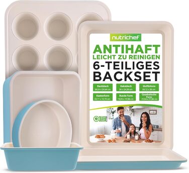 Набір листів для випікання NutriChef із 6 предметів з антипригарним покриттям, прямокутна форма для брауні, піци, печива та тортів, деко для духовки, придатне для миття в посудомийній машині, квадратна сталева форма для торта, лист для тіста (бірюзовий)