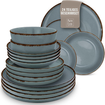 Набор посуды из керамогранита на 6 персон рустик 24 предм. - Набор посуды в деревенском стиле, можно мыть в посудомоечной машине - Набор мисок и тарелок - Посуда Pure Living (набор из 24 предметов, дымчато-синий)