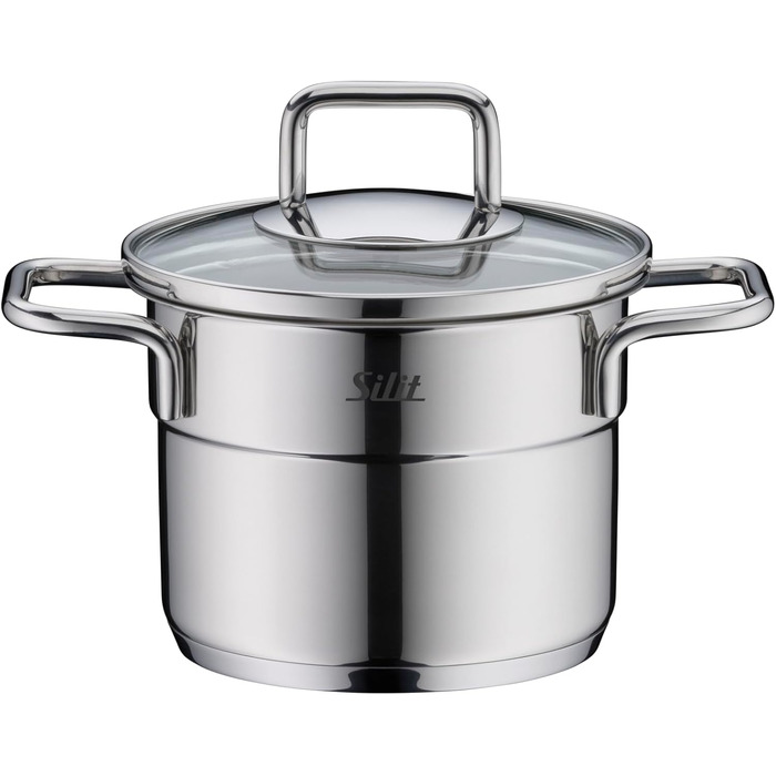 Набір посуду Silit Extra Cook каструлі 12/14 см зі скляною кришкою, внутрішньою мірною шкалою, широким обідком для зливу, з нержавіючої сталі Crominox, для невеликих порцій, компактно складаються, запобігають капанню (каструля для мяса, 12 см)