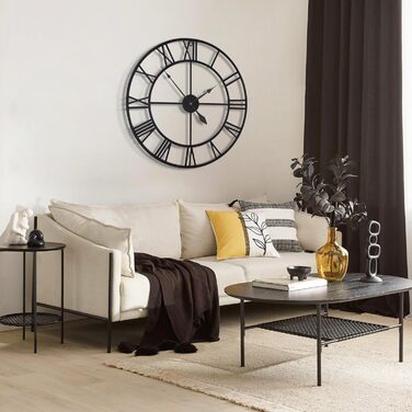 Великий круглий металевий настінний годинник у вінтажному стилі, безшумний, не цокаючий, працює від батареї, 40 см, 16 дюймів, римські цифри, годинники для вітальні, спальні, кухні, настінний годинник, прикраса (чорний, 80 см)