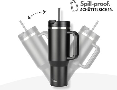 Термокружка 1200 мл с трубочкой и ручкой, черная Milu