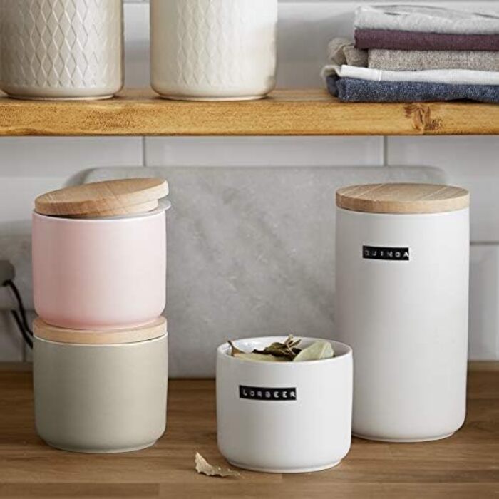 Керамічні банки для зберігання SPRINGLANE 2 шт. Набір з дерев'яною кришкою Sweet Scandi, гумова дерев'яна кришка, коробки для зберігання, коробки для зберігання продуктів ( рожевий 10x9 см)