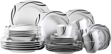 Набор тарелок из 12 предметов на 6 персон из фарфора, сервиз классический, неподвластный времени, элегантный, черно-белый (комбинированный сервиз 30 шт.), 920673 series Oslo