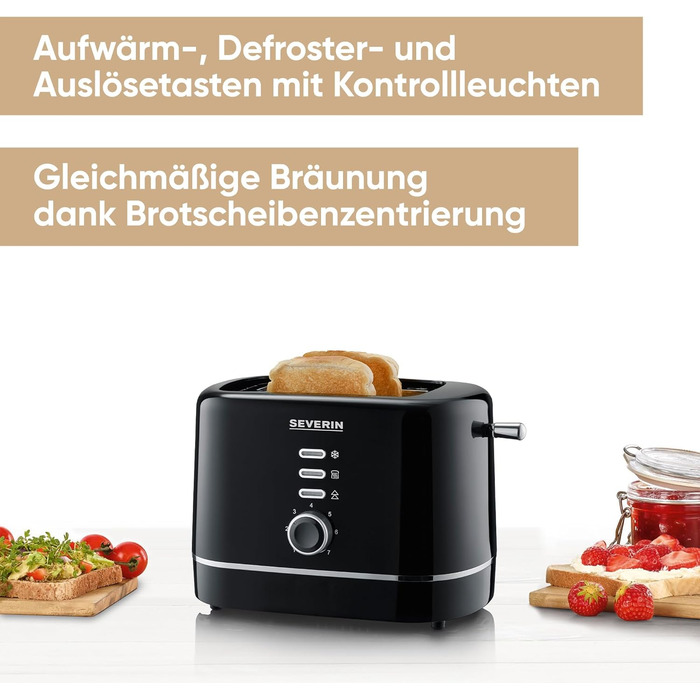 Автоматичний тостер SEVERIN, маленький тостер на 2 скибочки, якісний чорний тостер для підсмажування, розморожування та розігріву, 850 Вт, чорний, AT 4321 чорний / сріблястий