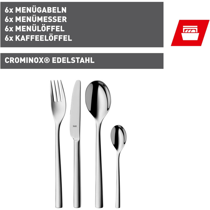 Набір столових приборів Silit Trend на 6 осіб, 24 предмети, з моноблочним ножем, полірована нержавіюча сталь Crominox, стійка до корозії, подряпин, довговічна, придатна для миття в посудомийній машині