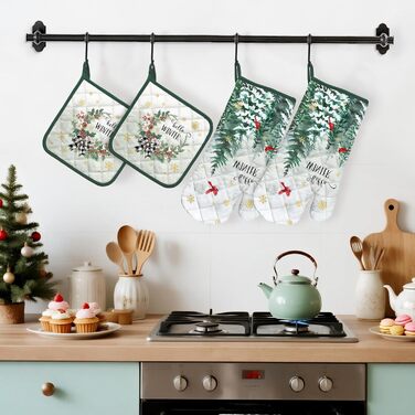 Набір з 2 різдвяних рукавичок для духовки та підставок для каструль Arquiel, 100 бавовняні кулінарні рукавички, термостійкі кухонні рукавички для приготування їжі, різдвяні подарунки на кухню для жінок (лісова ялинка, рукавички для духовки*2 підставки для