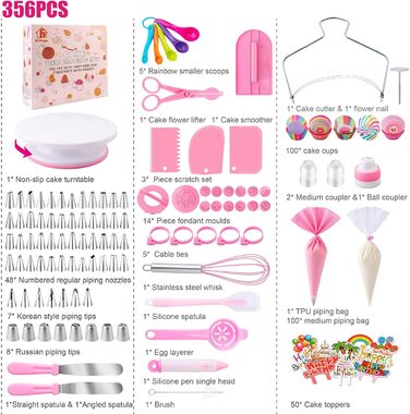 Набір аксесуарів для торта Nifogo 356 предметів, аксесуари для випічки, аксесуари для декорування тортів з обертовою підставкою, кондитерський мішок, кондитерські насадки, шпатель для початківців 356 предметів рожевий