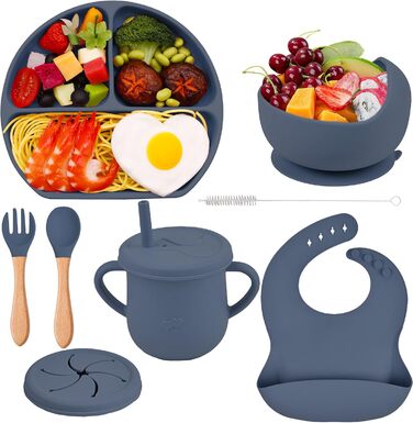 Набір дитячого столового посуду 5 предметів Силіконовий набір дитячого столового посуду Нековзна дитяча тарілка з присоскою Миска Нагрудник Ложка Виделка Набір дитячого харчування для маленьких дівчаток без бісфенолу А, (темно-синій)
