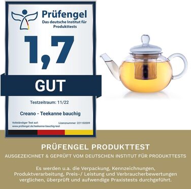 Скляний чайник Creano Glass Teapot з 3 частин із вбудованим ситечком з нержавіючої сталі та скляною кришкою, ідеально підходить для приготування сипучих чаїв, без крапель, моноблок (0,8 л)