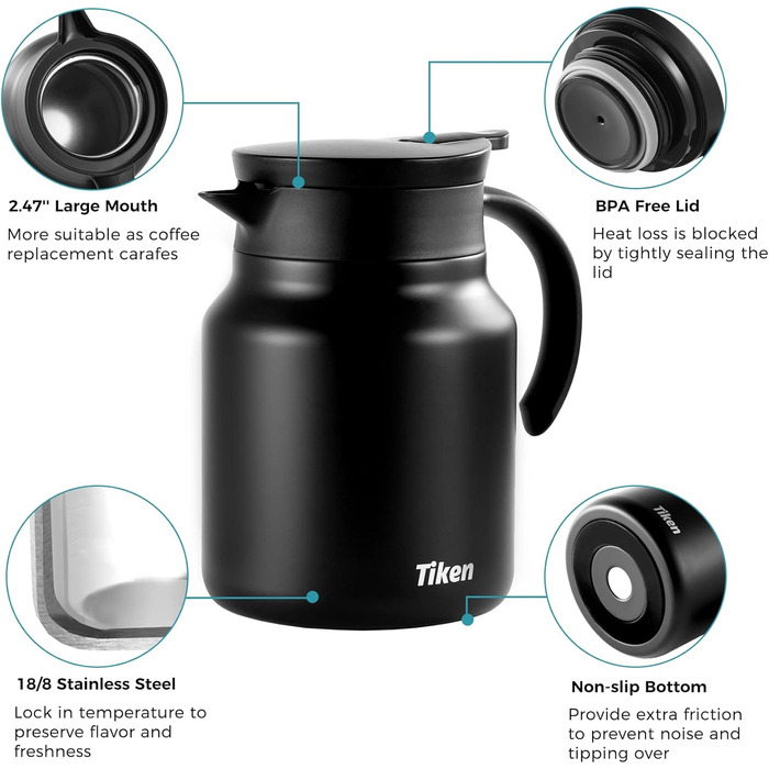 Термоглечик для кави 1 л з нержавіючої сталі, матовий чорний Tiken