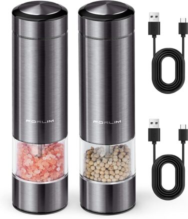 Млин для солі та перцю електричний з підзарядкою від USB, набір 2 предмети, металік FORLIM