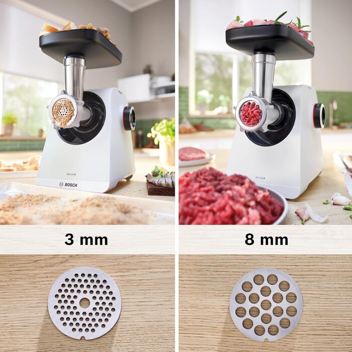 М'ясорубка 1900 Вт з насадкою для ковбас, біла Serie 4 Bosch